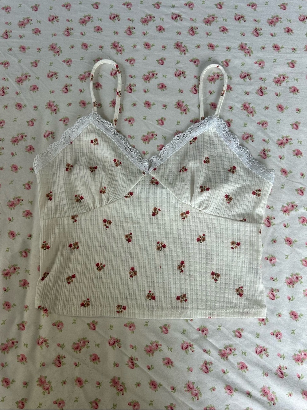 Love J Floral Lace-Trim White Cami with Pink Rose Print
